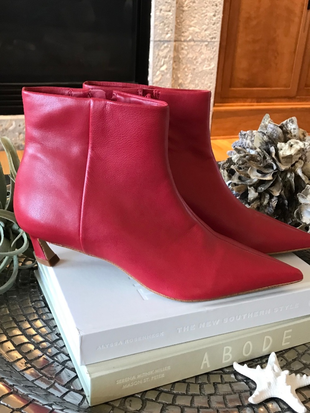 GIANNI BINI GEORGINA RED LEATHER POINTED TOE KITTEN HEEL ANKLE BOOTS